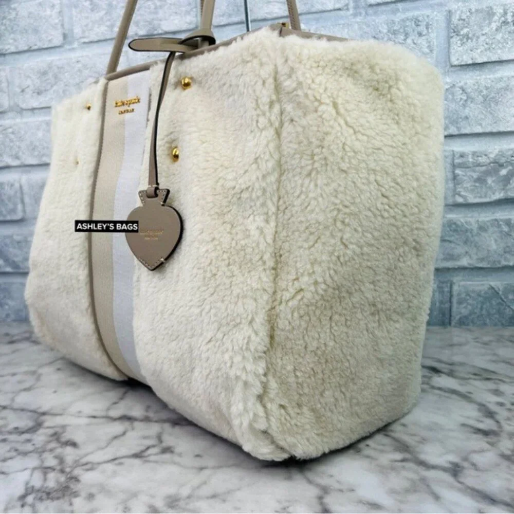 Kate Spade Everything Racing Stripe Faux Shearling Large Tote In Cream Multi